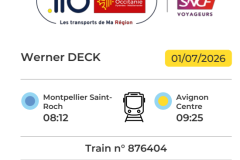 Screenshot der SNCF Connect App zur Fahrradmitnahme Bahn Frankreich. Fahrradcoupon ab Montpellier 