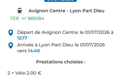 Screenshot der SNCF Connect App zur Fahrradmitnahme Bahn Frankreich. Fahrradcoupon ab  Avignon
