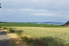 Weite Landschaft mit Feldern, Wald und Seen auf der Radtour zwischen Verchen und Neubrandenburg