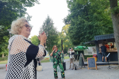 Durlacher Schlossgarten bei Dämmerung, Menschen genießen Lou Hoffners Auftritt