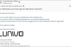 Kulante Antwort der lunivo sports GmbH mit dem Angebot, das Chirp Bremsrücklicht kostenlos auszutauschen