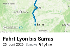 Streckenverlauf der ersten Etappe von Lyon nach Sarras auf dem Rhône-Radweg mit 91 gefahrenen Kilometern