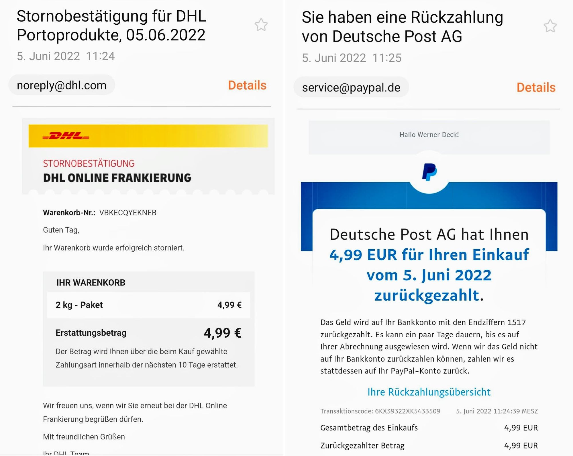 Storno bei DHL