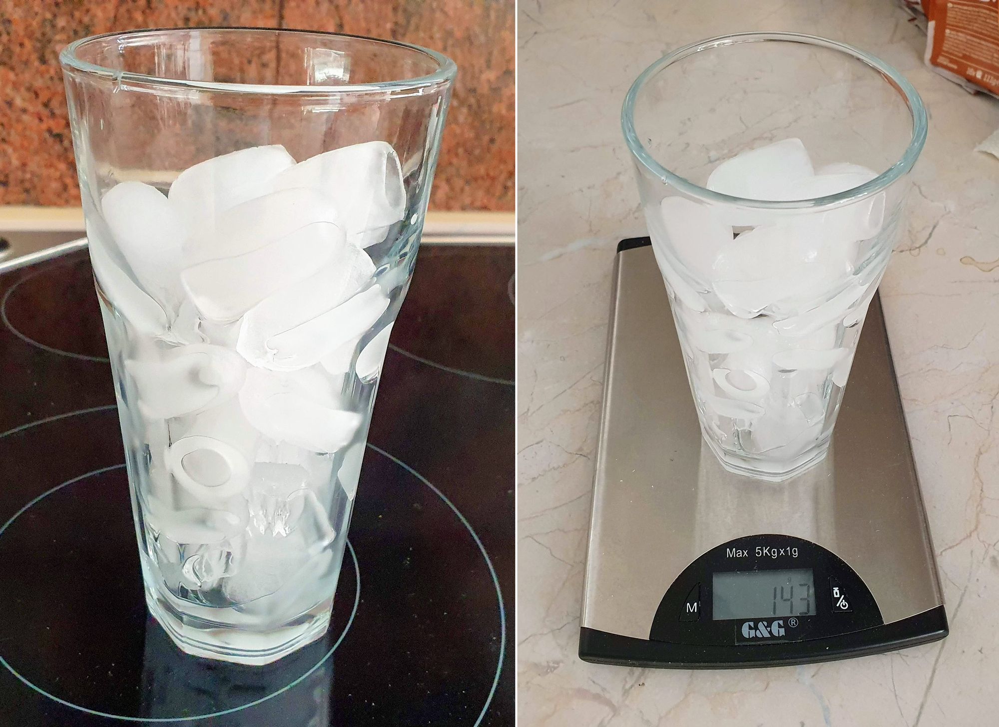 Glas mit 143 Gramm Eiswürfel