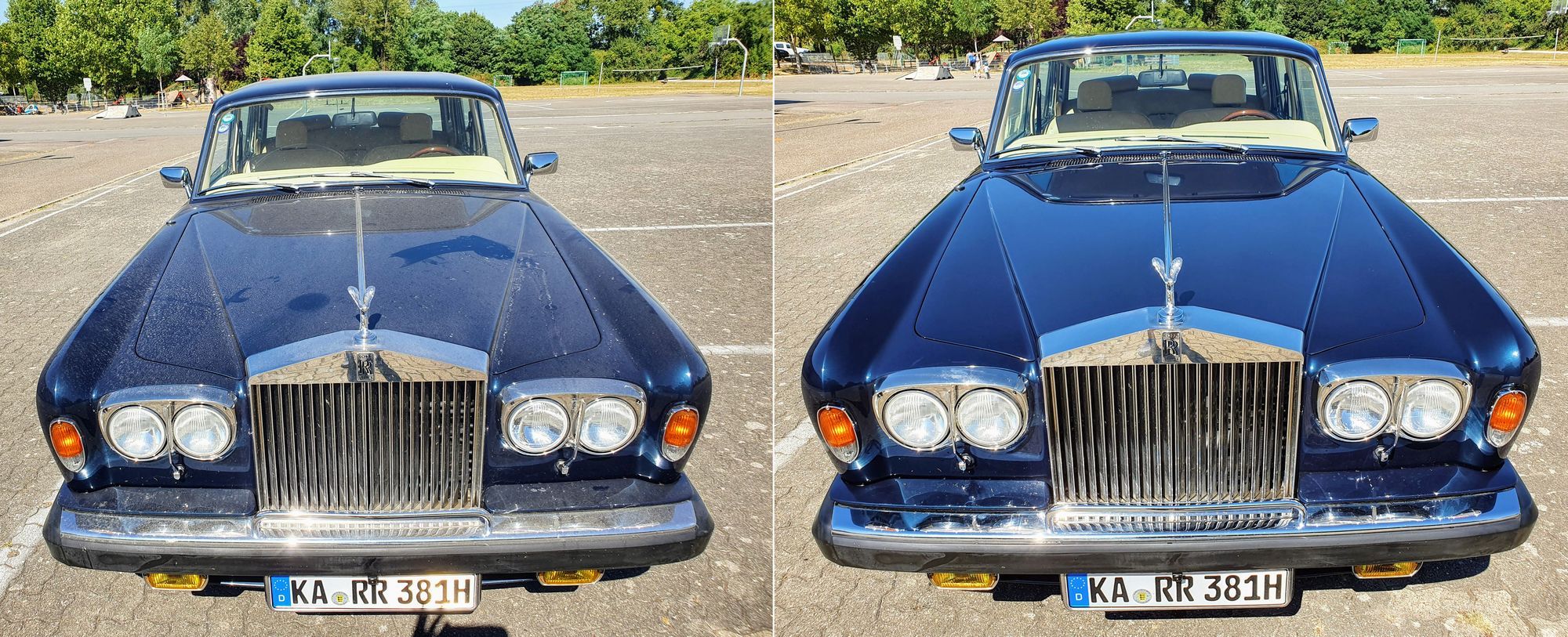 Der Rolls Royce vor und nach der Waschbahn das Ergebnis kann sich sehen lassen