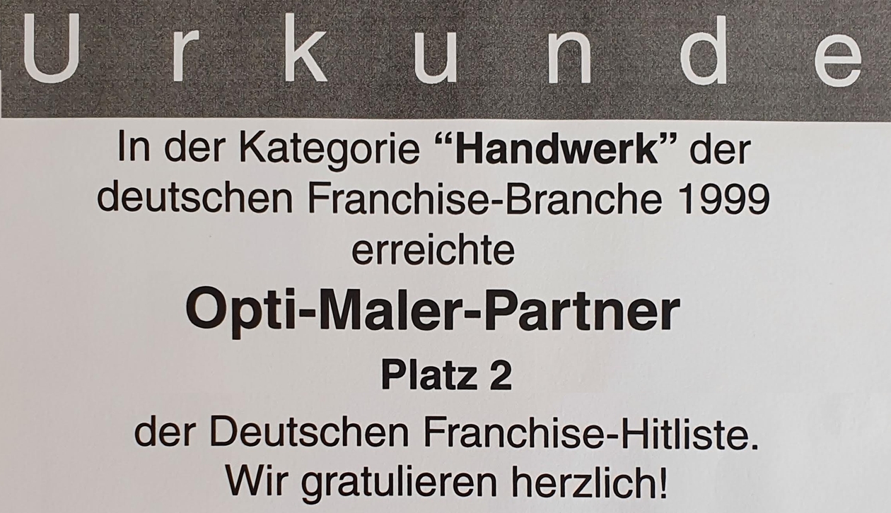 Opti-Maler-Partner erreichte Platz 2 der Deutschen Franchise-Hitliste