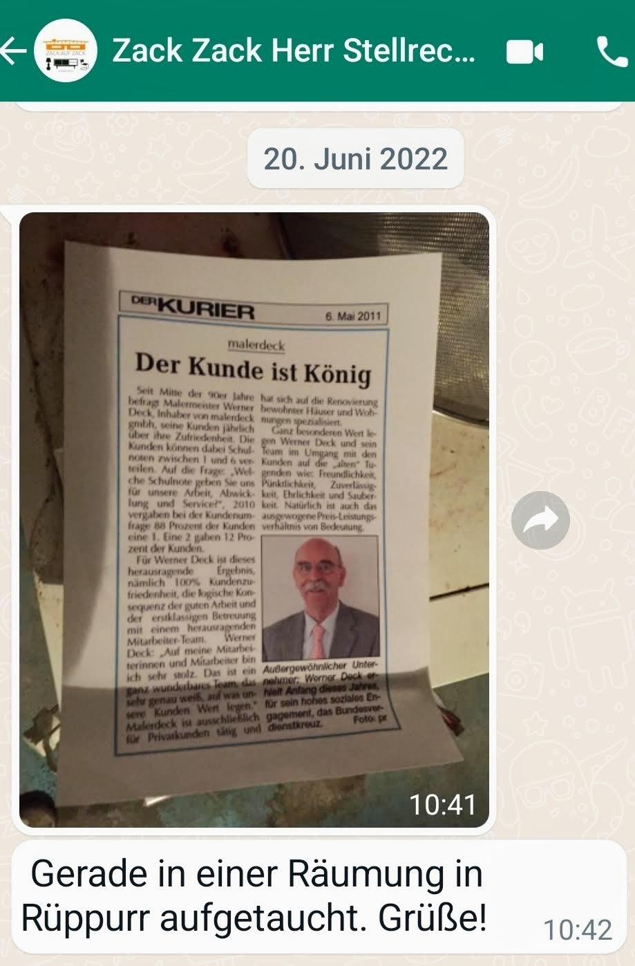 Zeitungsartikel über Werner Deck gefunden