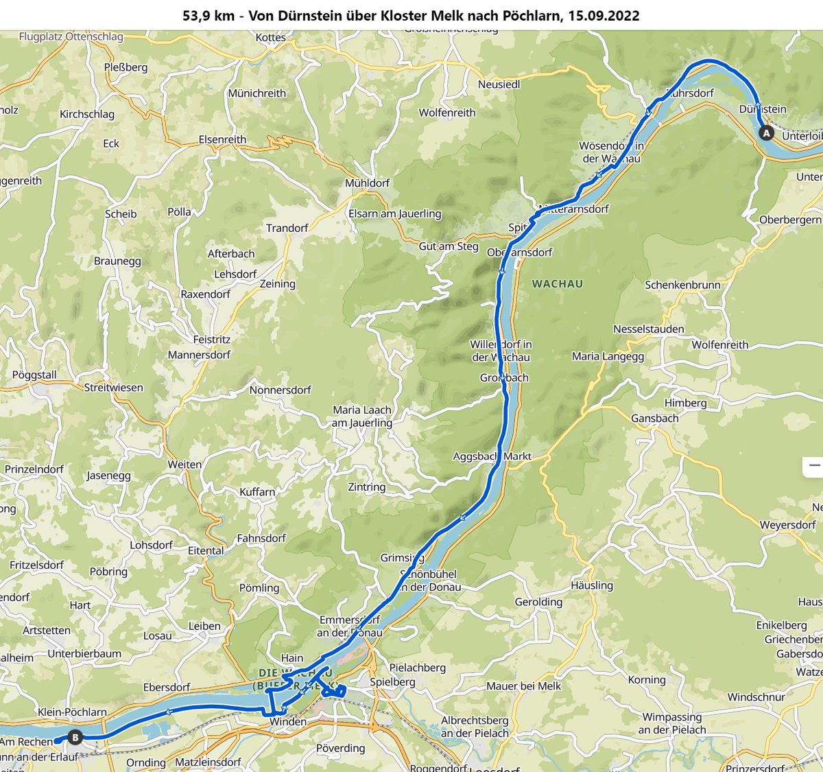 Radstrecke von nach Dürnstein nach Pöchlarn über Kloster Melk
