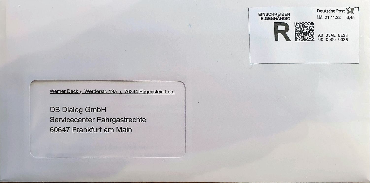 Schreiben an Deutsche Bahn Fahrgastrechte Einschreiben
