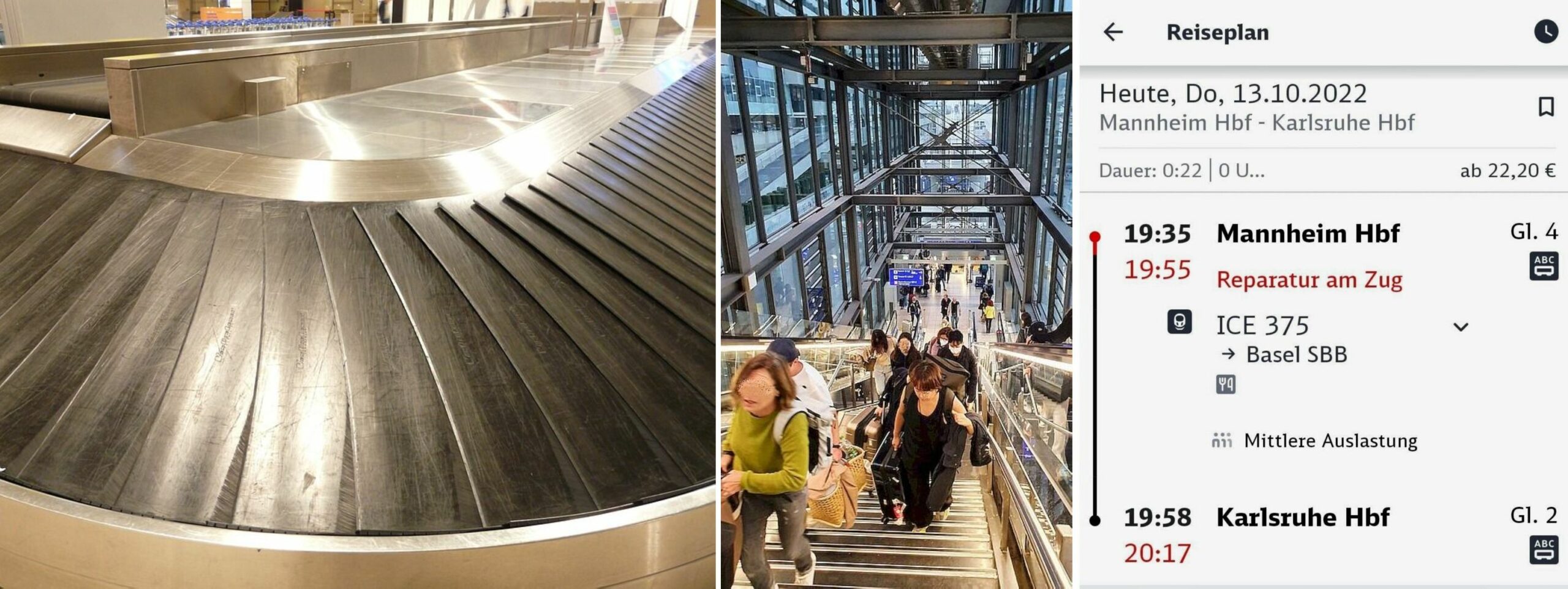 Gepäckband und Rolltreppen stehen still Zug hat verspätung