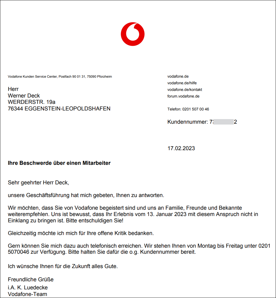 Antwort von Vodafone auf meine Beschwerde
