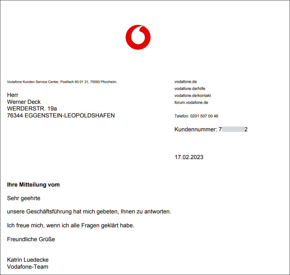 Antwort von Vodafone ohne Inhalt