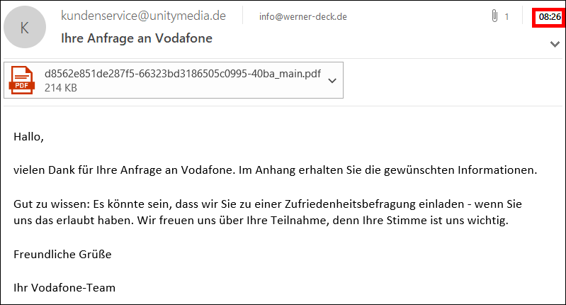 E-Mail Vodafone von 8.26 Uhr