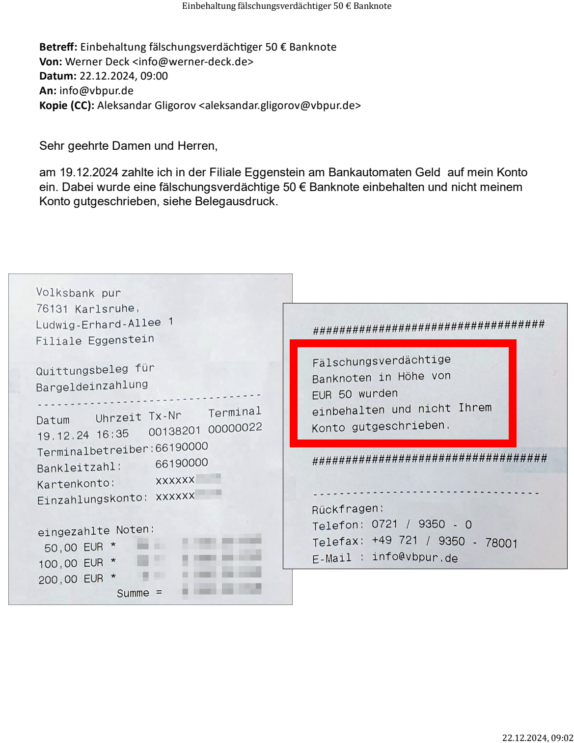 Einbehaltung fälschungsverdächtiger 50 € Banknote - 1