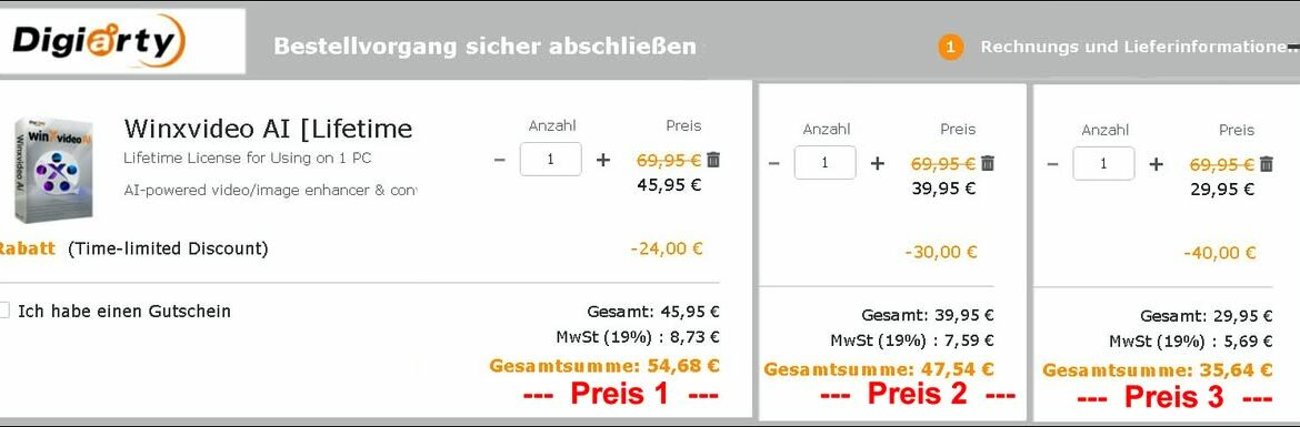 WinxVideo AI Software mit drei verschiedenen Preisen