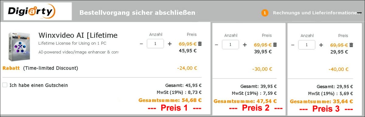 WinxVideo AI Software mit drei verschiedenen Preisen