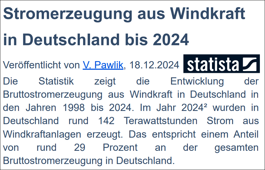 AfD Statisa Windkraft und Statisa - 2024 kamen 29 Prozent unseres Stroms aus Windkraft