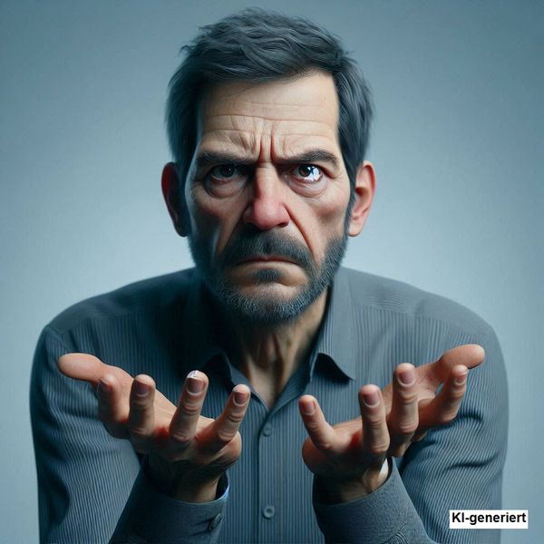 fotorealistisches Bild eines Mannes in mittleren Alter, der ein fragendes und verärgertes Gesicht macht und seinen fragenden Ärger mit Gesten unterstreicht