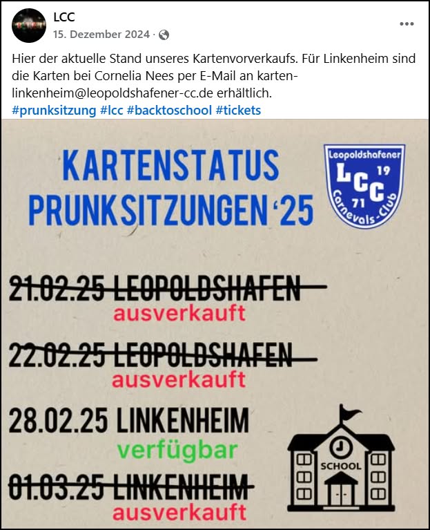 Karten ausverkauft zur Seniorenprunksitzung des Leopoldshafener Carnevals Club am 15. Februar 2025