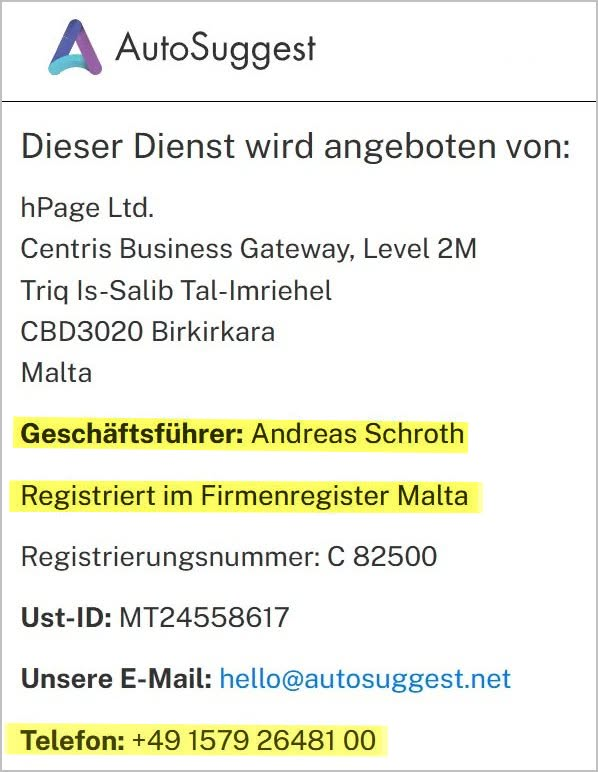 Impressum Autosuggest von AutoSuggest Andreas Schroth aus Malta