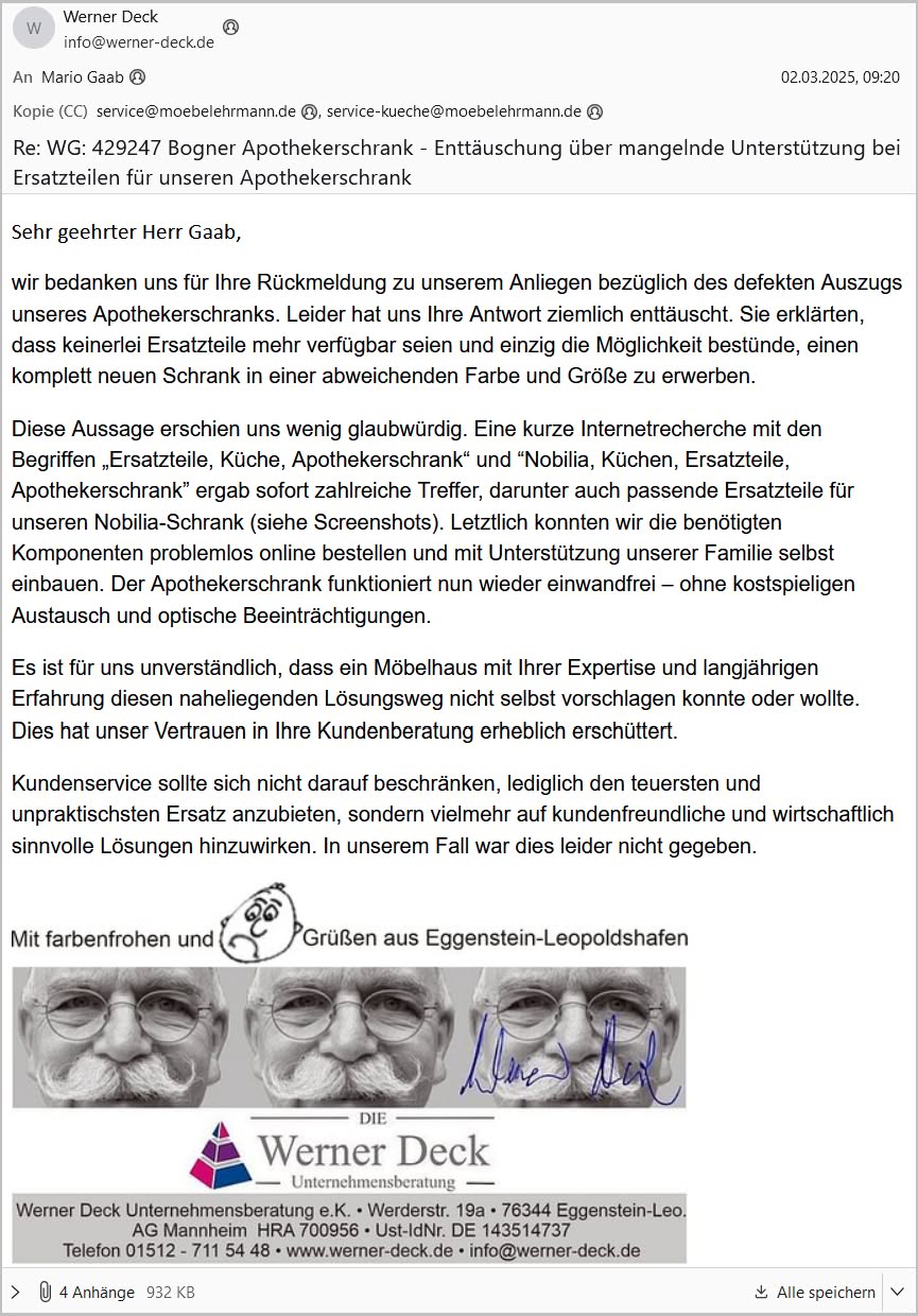 Unser vertrauen in den Kundendienst von Möbel Ehrmann ist erheblich erschüttert