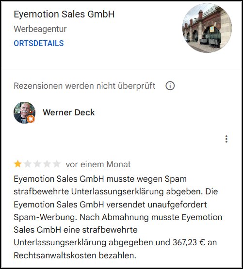 Google weist von Spamer Eyemotion Sales Gmbh wegen behaupteter angeblicher Diffamierung zurück