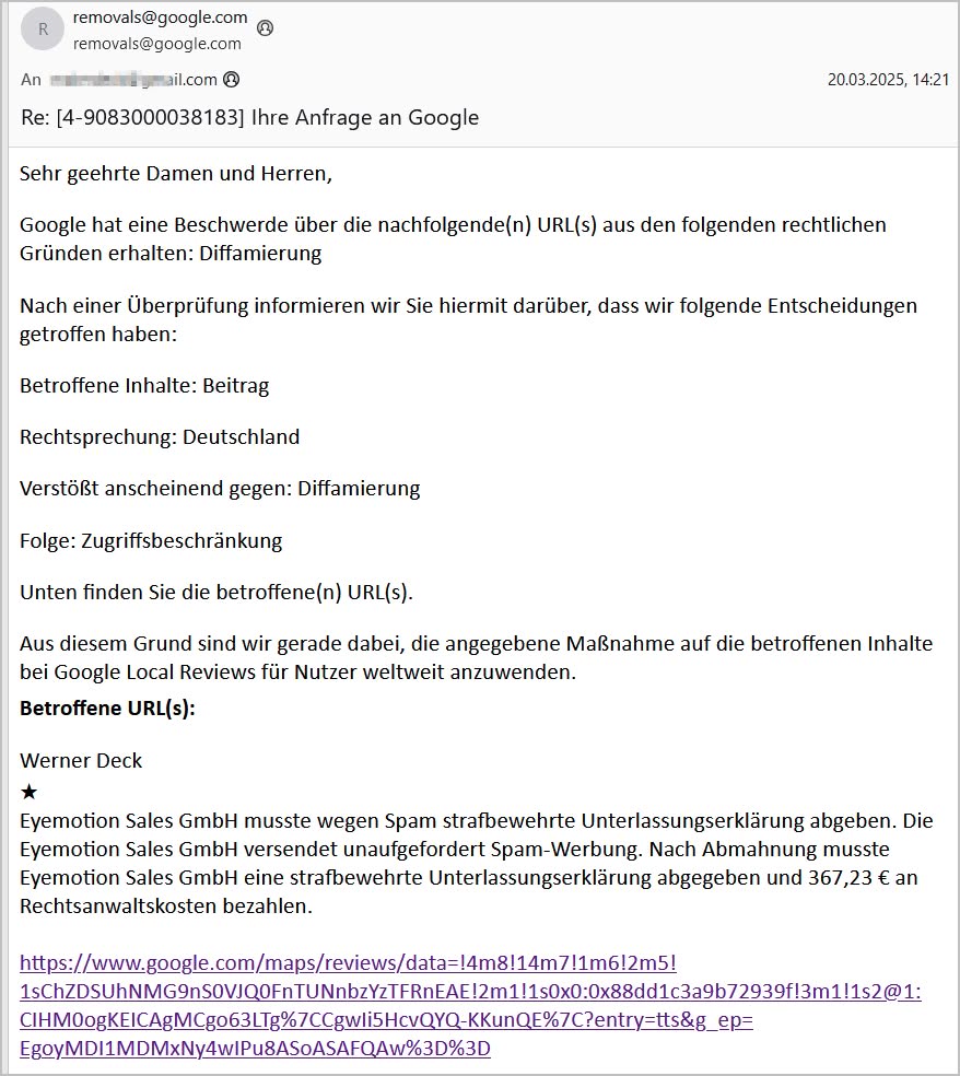 Spamer Eyemotion Sales Gmbh wendet sich an Google wegen angeblicher Diffamierung