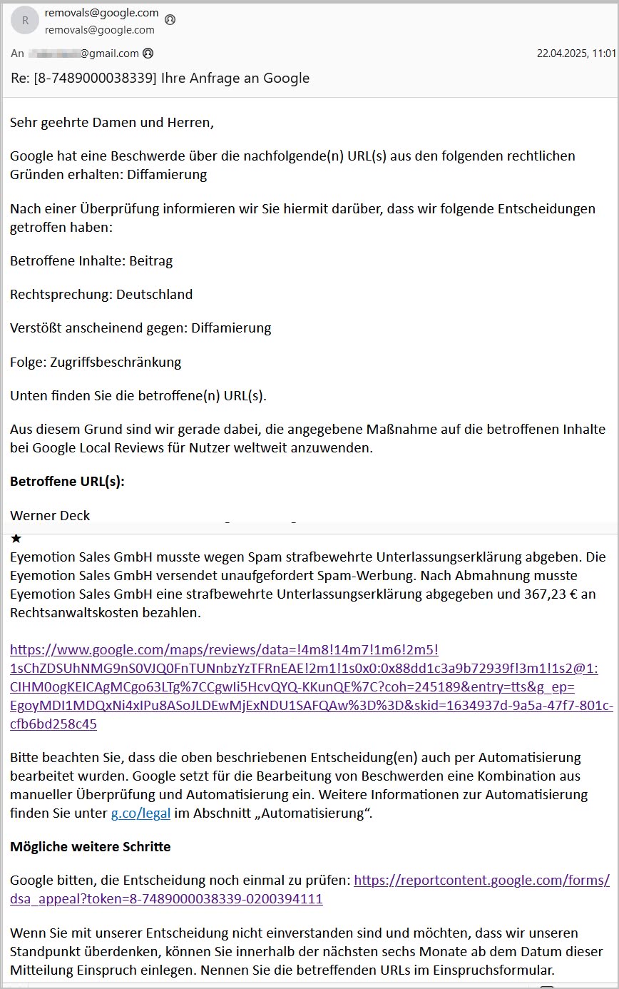 Eyemotion behauptet zum zweiten Mal die Google-Bewertung sei Diffamierung