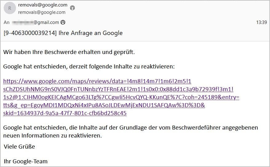 Google hat meiner Beschwerde gegen Eyemotin Sales GmbH stattgegeben