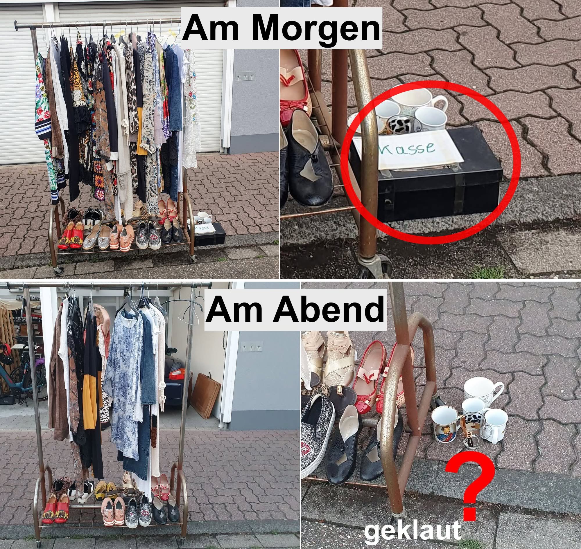 Flohmarkt-Kleiderständer am Morgen mit Kasse und abends ohne – Vertrauensbruch sichtbar gemacht