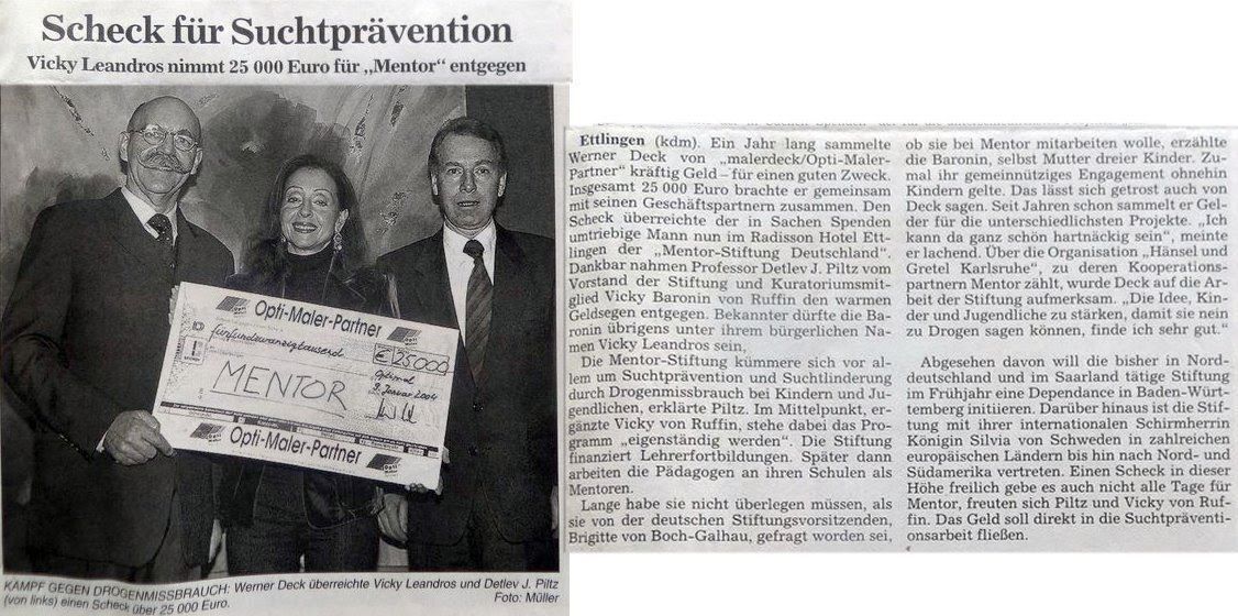 Scheckübergabe: Werner Deck spendet 25.000 Euro an Vicky Leandros für die Mentor-Stiftung