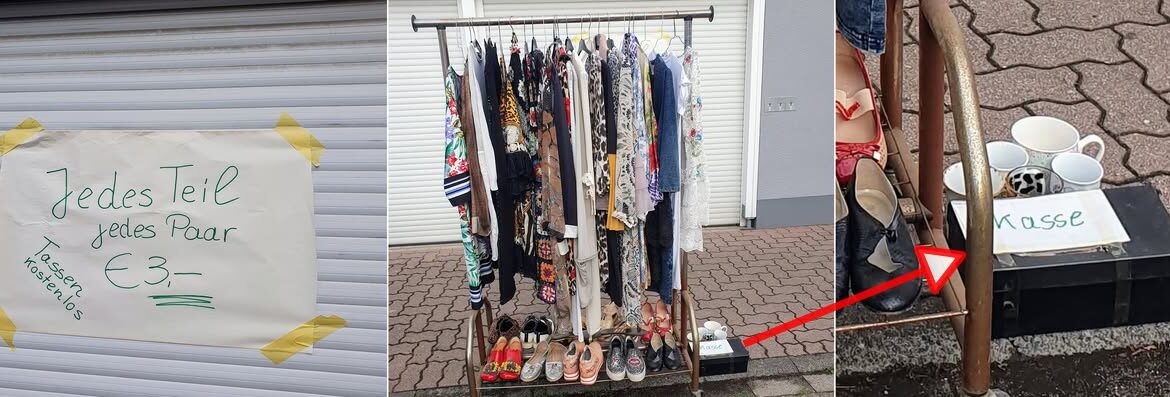 Handgemaltes Plakat mit symbolischem Preis – Ausdruck von Vertrauen beim Flohmarkt