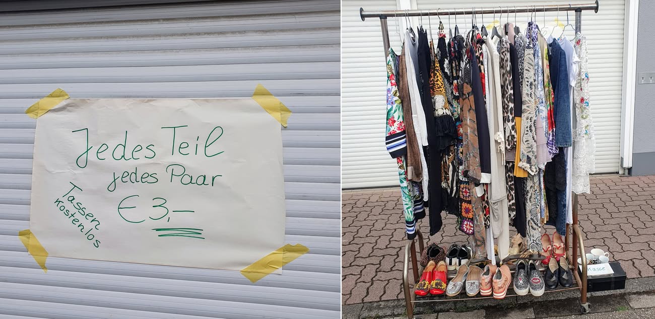 Kleiderständer und Plakat mit symbolischem Preis – Ausdruck von Vertrauen beim Flohmarkt