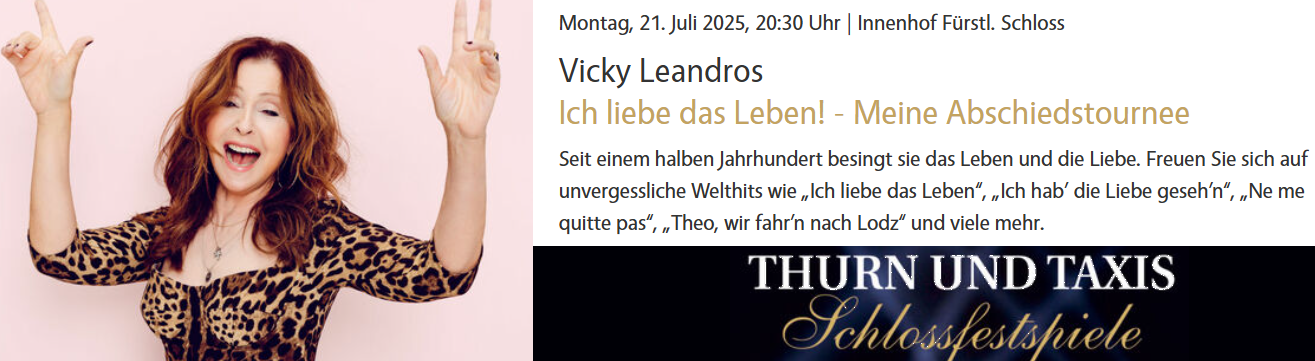 Vicky Leandros auf der Bühne bei ihrer Abschiedstournee „Ich liebe das Leben“ – ein emotionaler Höhepunkt ihrer Musikkarriere.