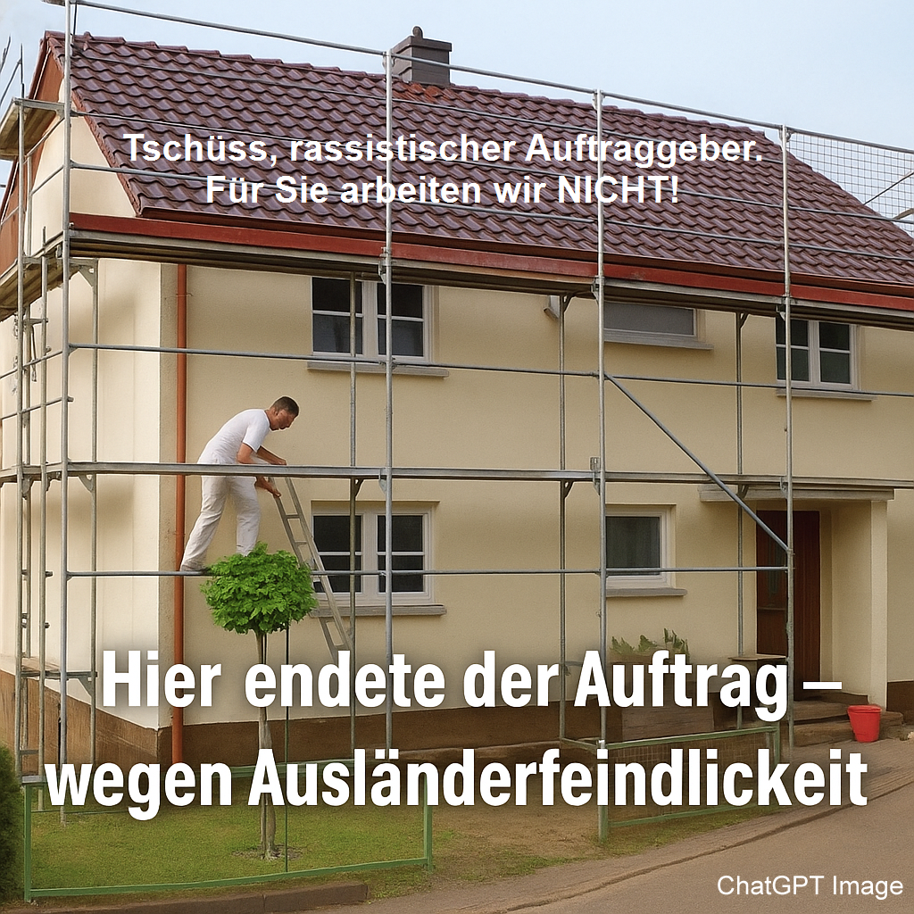 Symbolfoto zum Wiedererstarken des Rechtsextremismus: eingerüstetes Haus, ich ziehe Mitarbeiter ab, nach rassistischer Äußerung des rassistischen Auftraggebers
