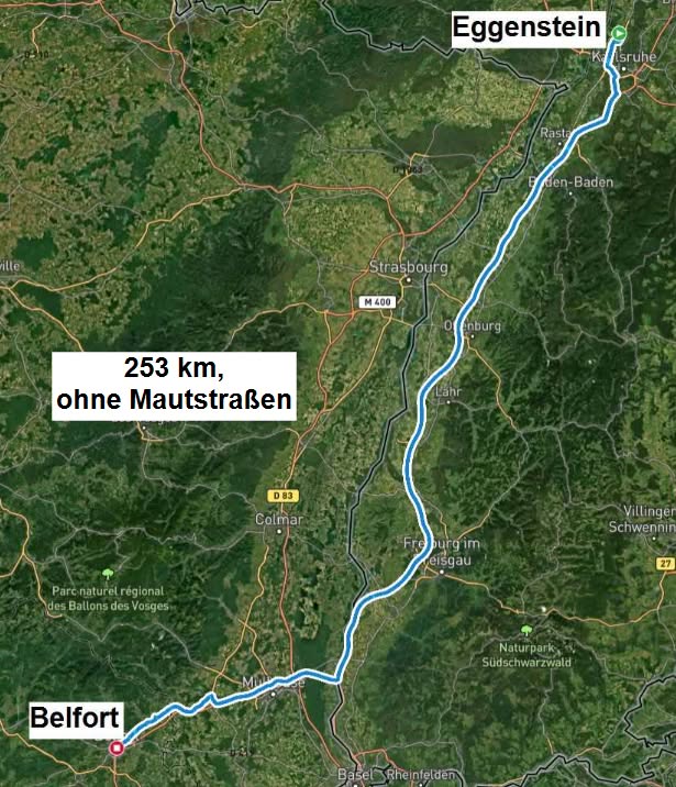 Flussreise Lyon Mittelmeer Routenkarte von Eggenstein über den Schwarzwald zur ersten Reisestation Belfort in Frankreich