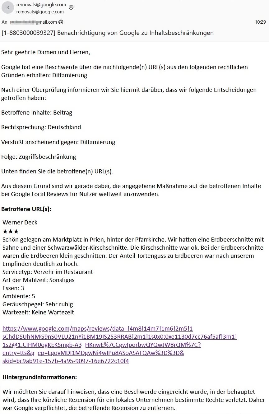 Screenshot der E-Mail von Google mit der Aufforderung zur Löschung wegen angeblicher Diffamierung