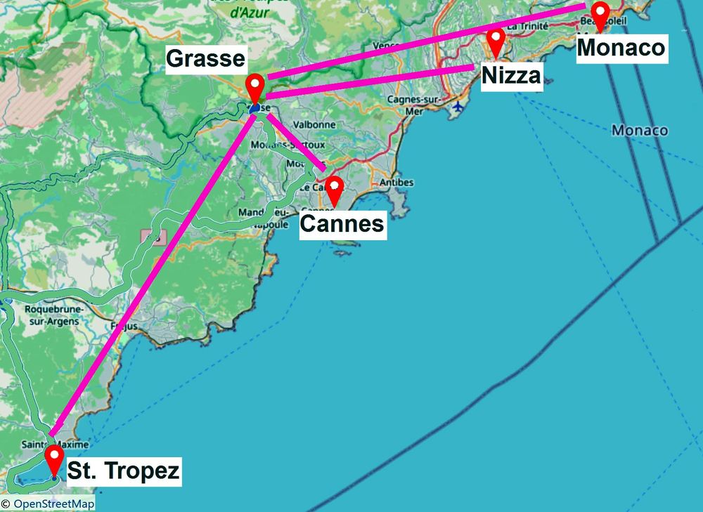 Côte d’Azur Reise Grasse. Fahrt von Orange nach Grasse. Geplante Ausflüge