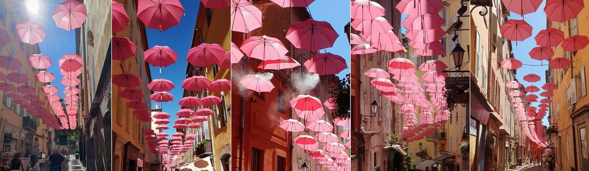 Côte d’Azur Reise Grasse entdecken. Altstadt mit den roten Schirmen.