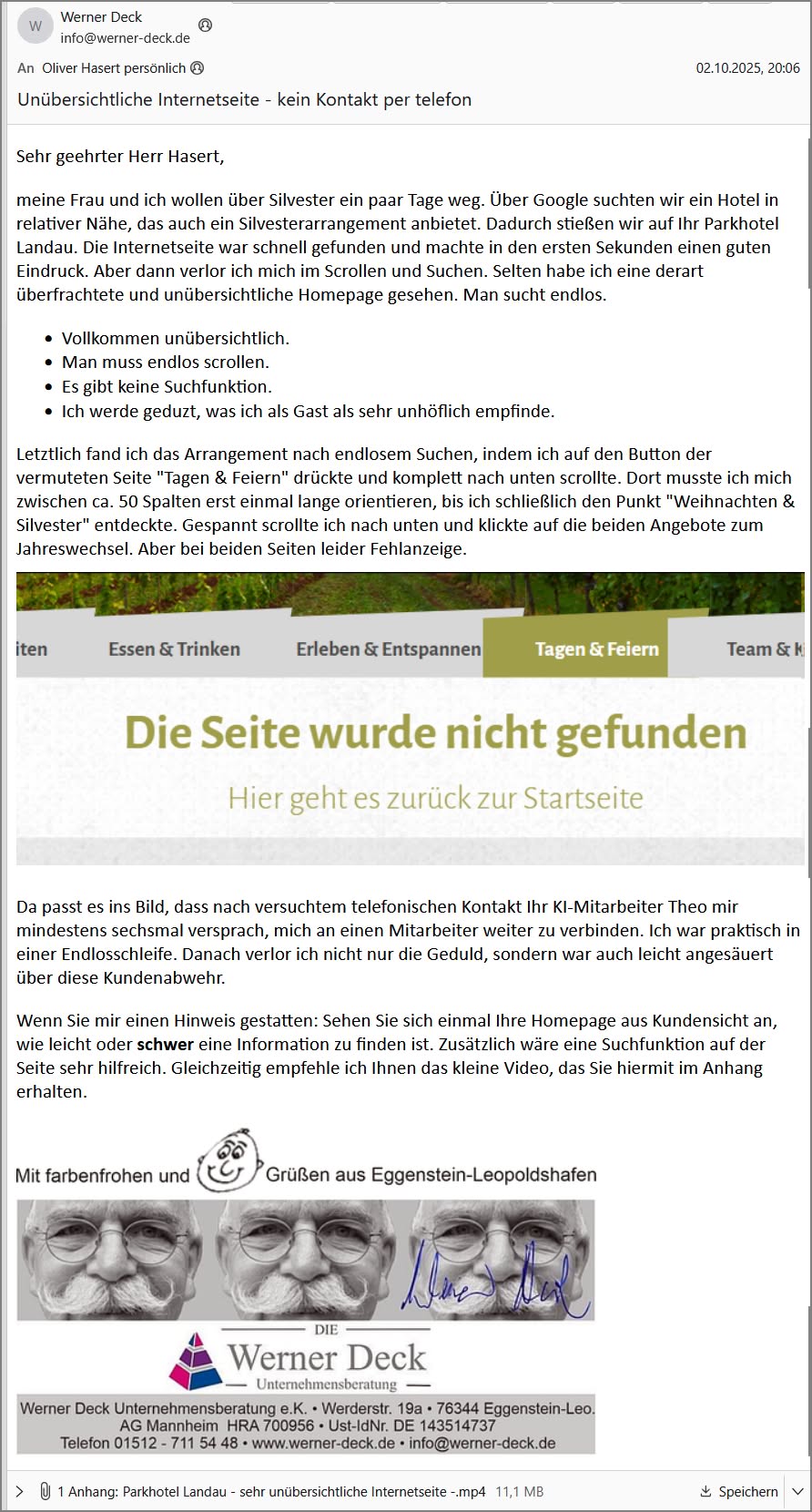 Startseite Parkhotel Landau – hochglänzend, aber unübersichtlich. E-Mail an den Geschäftsführer