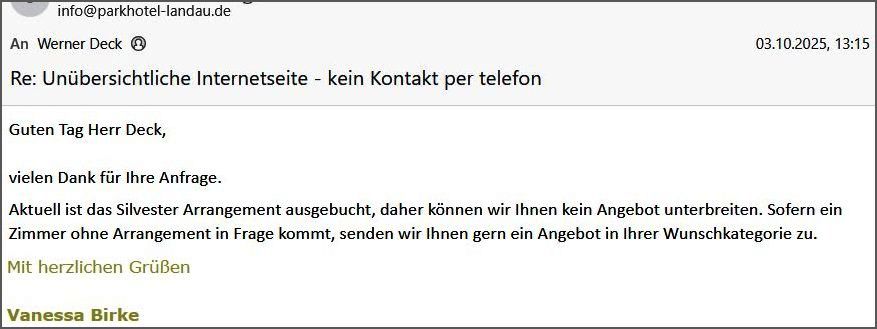 Kein Kontakt per Telefon. Silvesterarrangement ausgebucht