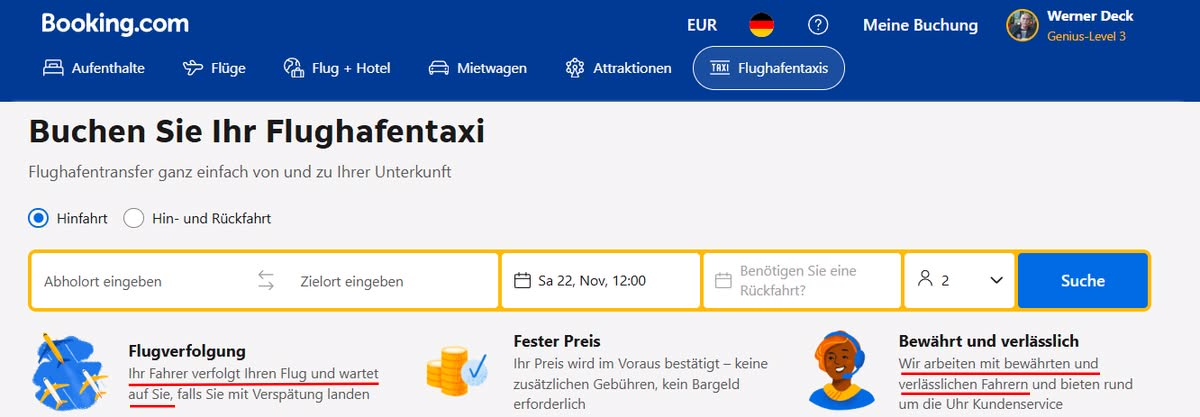 Flughafentaxi bei Booking.com gebucht. Abholung durch den Fahrer? Nie wieder!