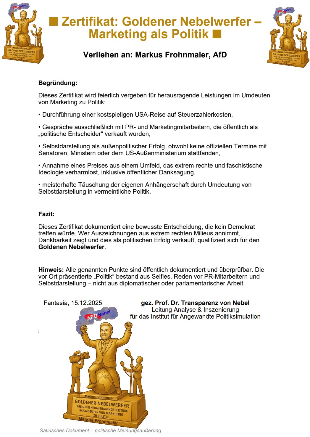 Zertifikat Goldener Nebelwerfer für Markus Frohnmaier