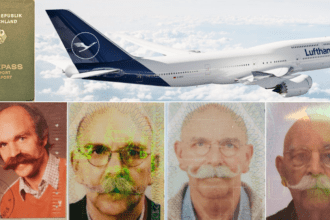 Reisepass mit Flugzeug und vier Passfotos als Symbol für Lebensabschnitte