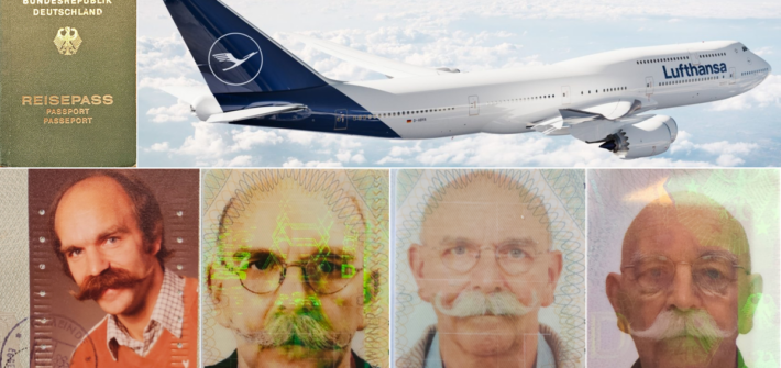 Reisepass mit Flugzeug und vier Passfotos als Symbol für Lebensabschnitte