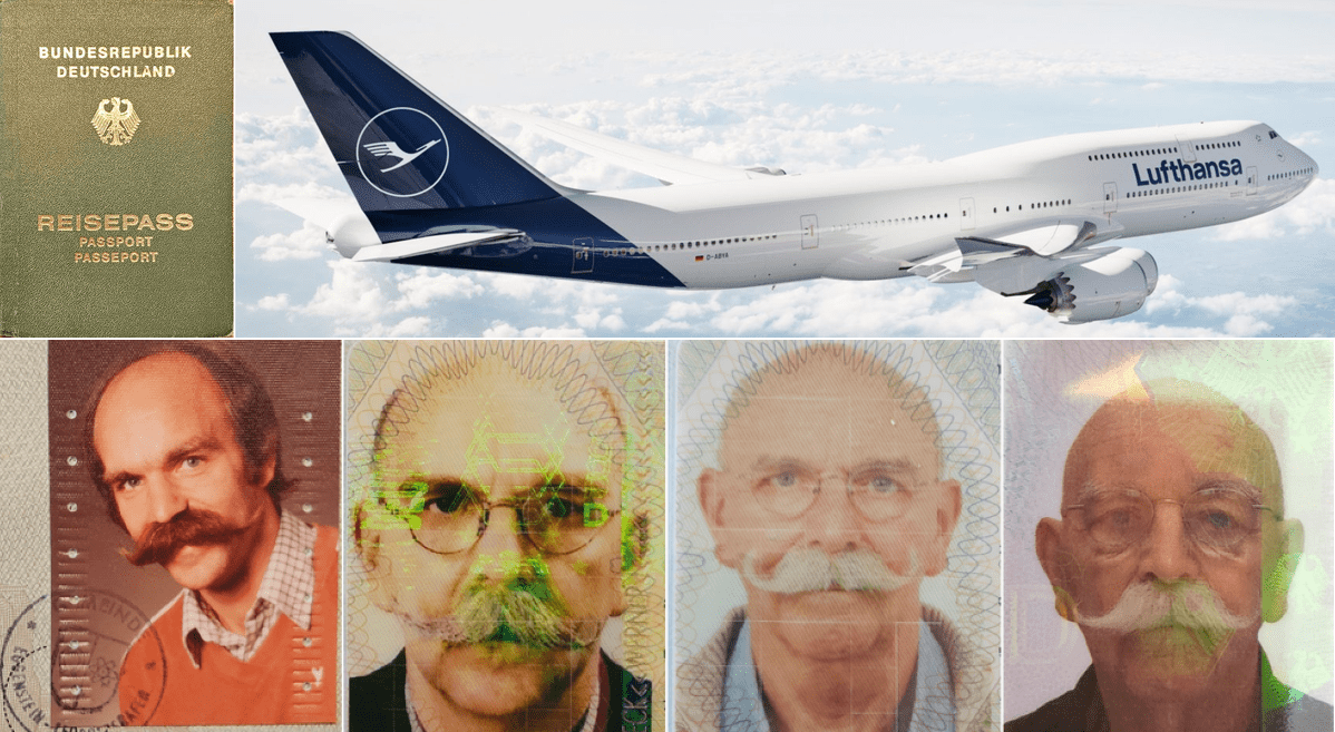 Reisepass mit Flugzeug und vier Passfotos als Symbol für Lebensabschnitte