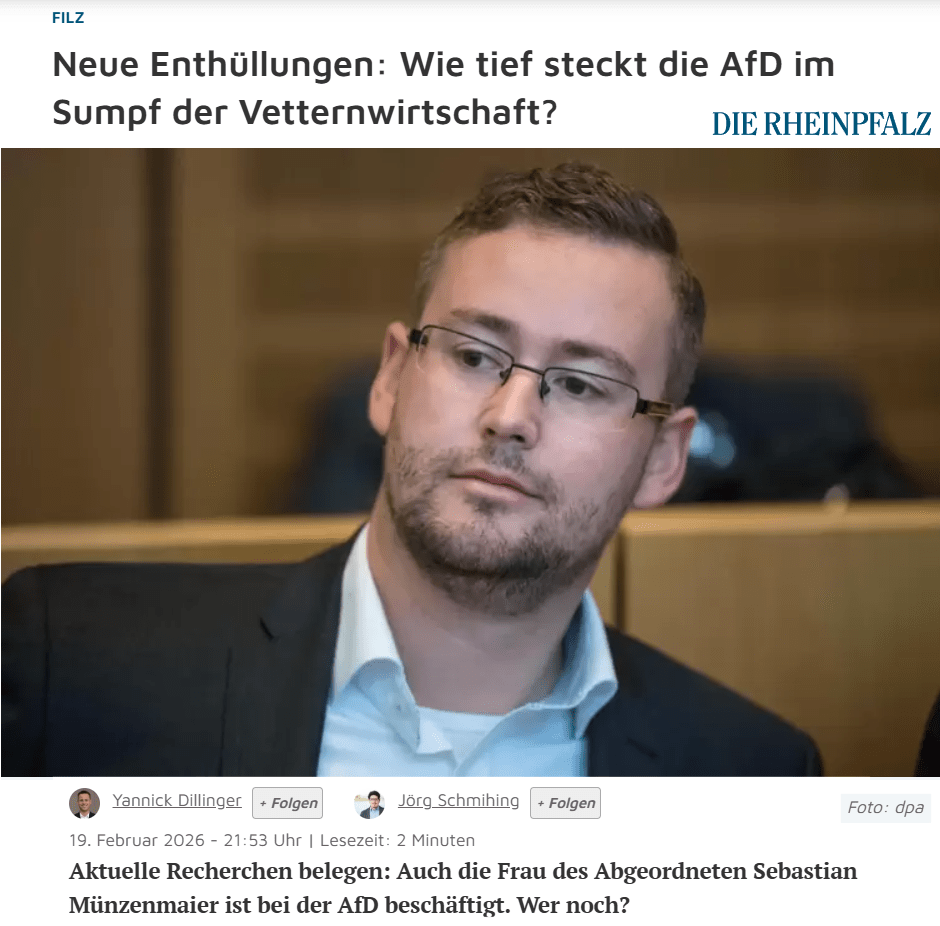 Rheinpfalz-Bericht zur AfD: Partei nutzt öffentliche Gelder für Familie und Vertraute – Außen moralisch, innen Vetternwirtschaft