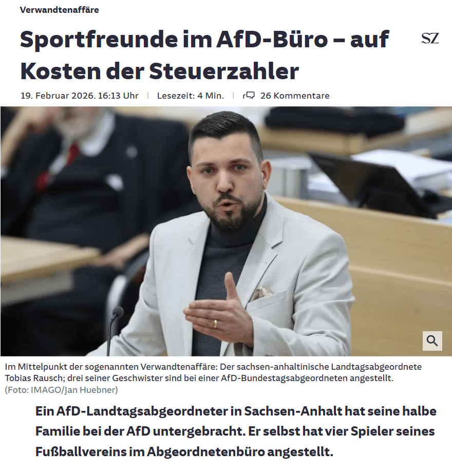Süddeutsche Zeitung: AfD-Vetternwirtschaft – Verwandte von Abgeordneten arbeiten in Fraktionsbüros, Kritik an Doppelmoral der Partei