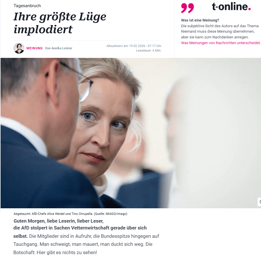 t-online-Tagesanbruch: AfD zwischen Macht, Vetternwirtschaft und Doppelmoral – Empörung nach außen, Versorgung nach innen.