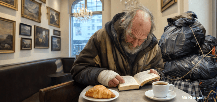 Begegnung mit einem Obdachlosen im Café, der ein kleines Buch liest, neben ihm ein Trolley und auf dem Tisch eine Tasse Kaffee und ein Hörnchen, ruhige Beobachtung einer stillen menschlichen Geste